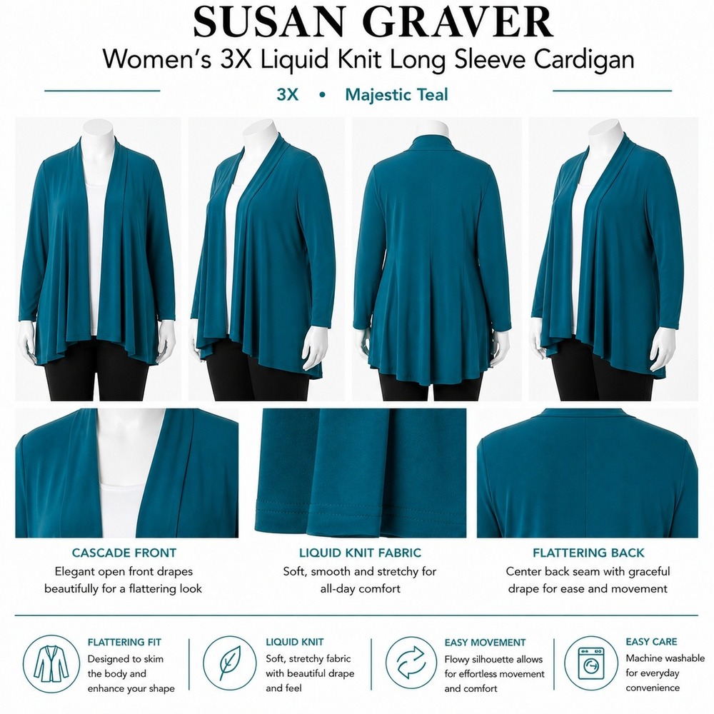 Susan Graver Womens 3X Liquid Knit Long Sleeve Cardigan Teal A282075 Open Front
